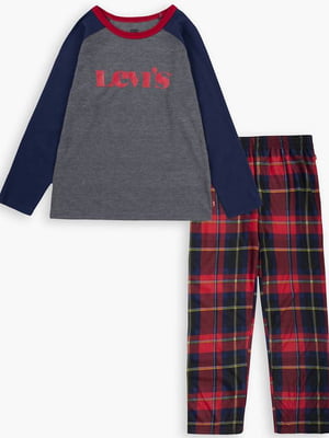 Пижама красно-синяя в принт: лонгслив и брюки | 6804892