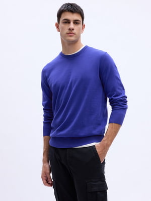Вязаный свитер с манжетами в рубчик синий | 6804929