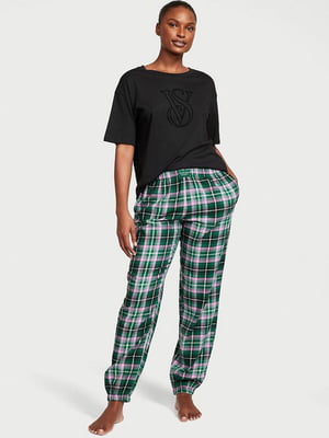 Піжама: чорна футболка та зелені джогери в клітинку | 6805014