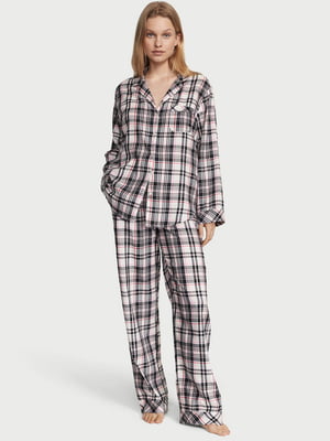 Фланелевая бежевая пижама в клетку: рубашка и брюки | 6805035