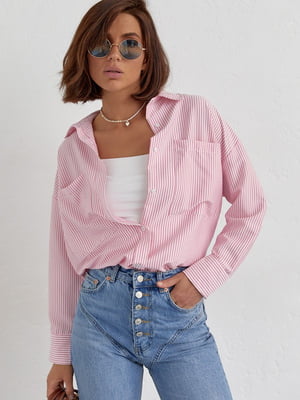 Рожева сорочка в смужку з подовженою спинкою | 6805133