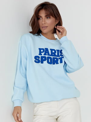 Теплий блакитний світшот на флісі з написом Paris Sports | 6805385