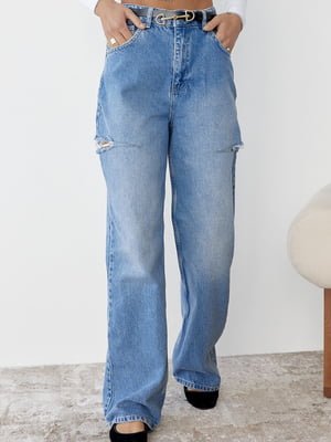 Сині джинси з декоративними розрізами на стегнах | 6805576