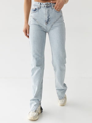 Небесно-блакитні джинси з високою талією та фігурною кокеткою | 6805605