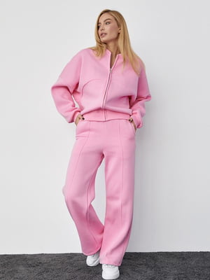 Теплий рожевий костюм: бомбер та штани з вертикальними швами | 6805743