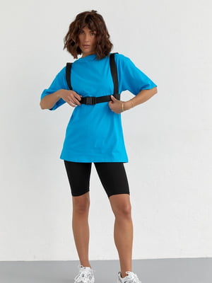 Чорно-блакитний костюм: футболка, велосипедки та портупея | 6805745