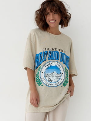 Бежева футболка тай-дай з дірками та принтом “Great Sand Dunes” | 6806054