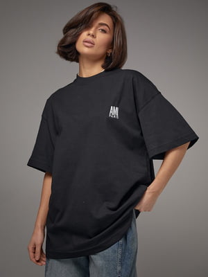 Чорна бавовняна футболка з вишитим написом Ami Paris | 6806077