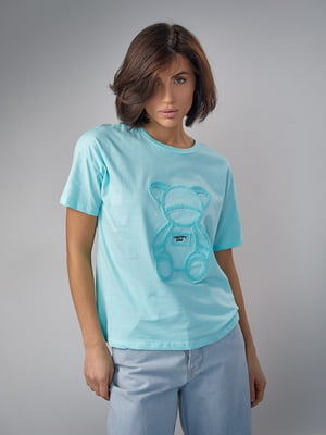 Трикотажна бірюзова футболка з ведмедиком | 6806087
