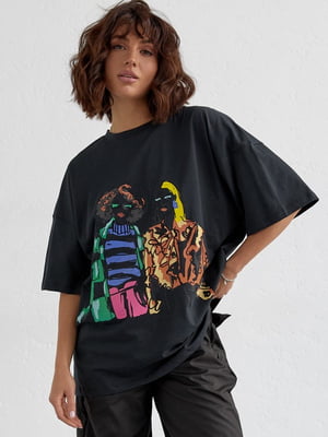 Темно-сіра футболка з яскравим принтом у стилі Street art Lurex | 6806132