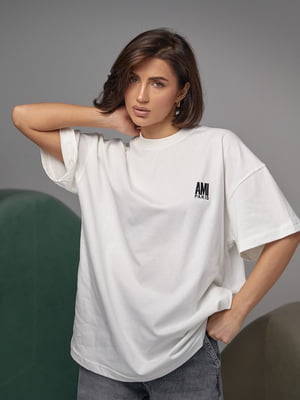 Бавовняна футболка молочного кольору з вишитим написом Ami Paris | 6806133