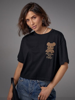 Укорочена чорна футболка з ведмедиком та написом Awesome and Funny | 6806178