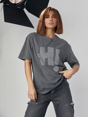 Сіра трикотажна футболка з написом “Hi” з термостраз | 6806186