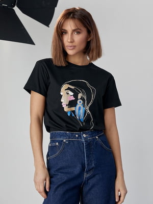 Чорна футболка, прикрашена принтом “Дівчина з сережкою” | 6806211