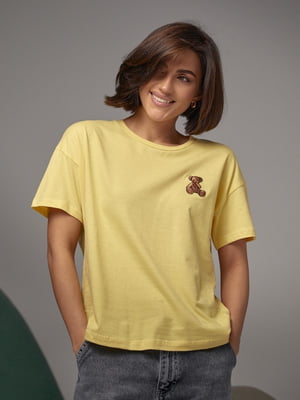 Жовта футболка з вишитим ведмедиком | 6806224