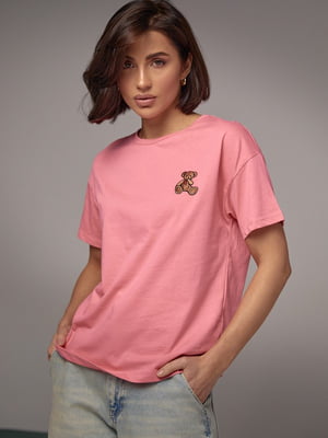Рожева футболка з вишитим ведмедиком | 6806235