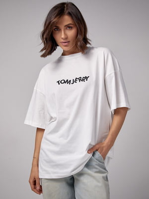 Трикотажна футболка молочного кольору з принтом Tom and Jerry | 6806243