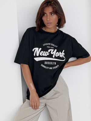 Чорна трикотажна футболка з принтом New York | 6806280