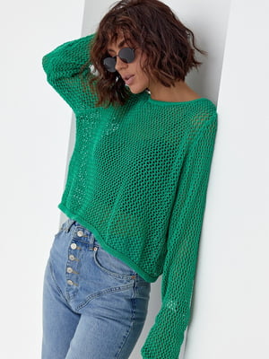 В'язаний светр-сітка прямого крою зелений | 6806332