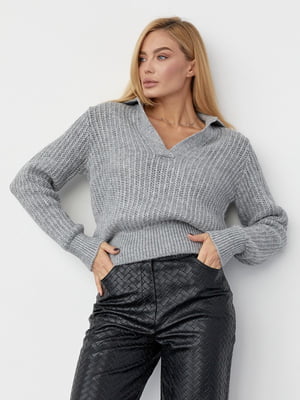 В'язаний пуловер-поло без застібок сірий | 6806336