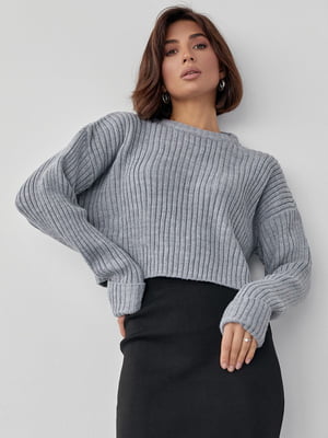 Короткий светр в широкий рубчик сірий | 6806424