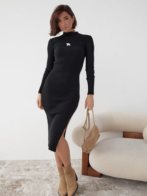 Базова сукня міді в рубчик із розрізом чорна | 6806629