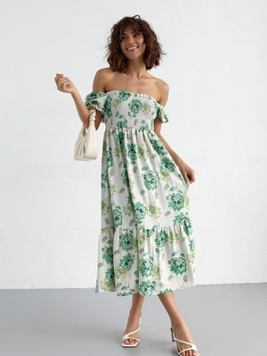 Літня сукня в квітковий візерунок з відкритими плечима зелена | 6806653
