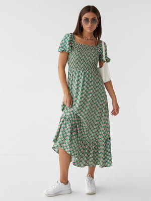 Довга сукня з еластичним поясом зелена | 6806672