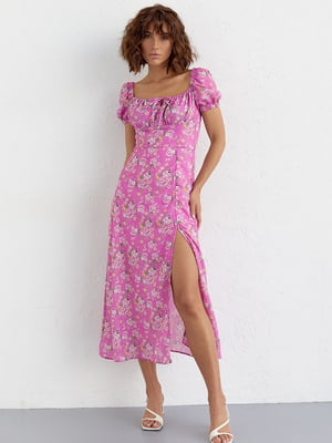 Літня рожева сукня міді з куліскою в квітковий принт | 6806702