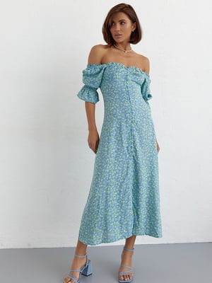 Літня сукня на гудзиках і з відкритими плечима синя | 6806709