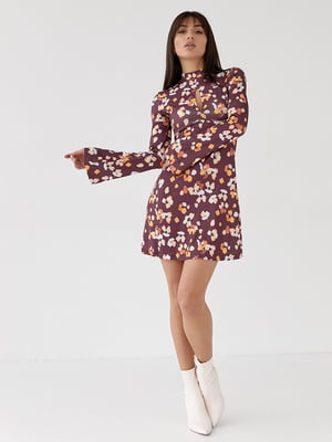 Сукня міні розширеного силуету з квітковим принтом коричнева | 6806711