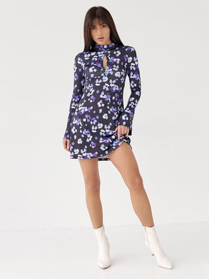 Сукня міні розширеного силуету з квітковим принтом синя | 6806712