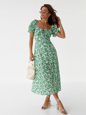 Квіткова сукня міді із розрізом зелена | 6806719