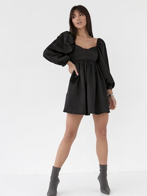 Атласна сукня-міні з пишною спідницею та з відкритою спиною чорна | 6806732