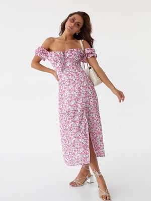 Квіткова сукня міді з розрізом рожева | 6806754