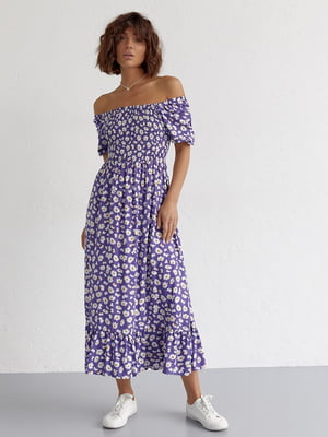 Довга фіолетова сукня з еластичною талією і оборкою | 6806772