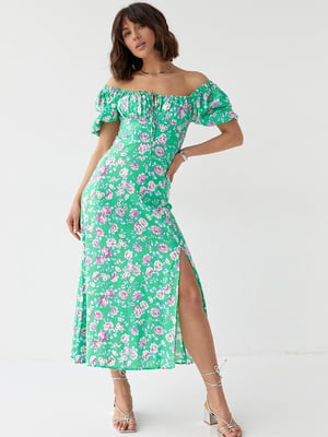 Літня квіткова сукня міді з куліскою на грудях зелена | 6806785
