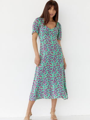 Сукня міді з розрізом у квітковий принт зелена | 6806790