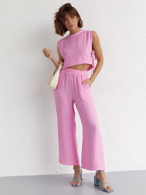 Літній рожевий костюм: штани та топ із зав'язками | 6807085