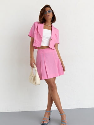 Бавовняний рожевий костюм: спідниця-пліссе та короткий жакет | 6807171