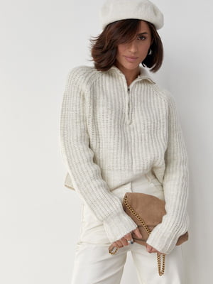 Трикотажний светр молочного кольору oversize з коміром на блискавці | 6807241