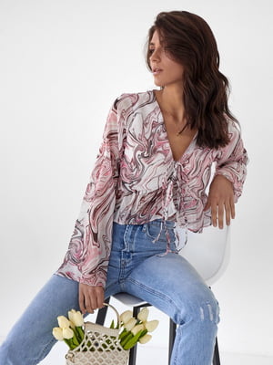 Шифонова блуза пудрового кольору з баскою | 6807556