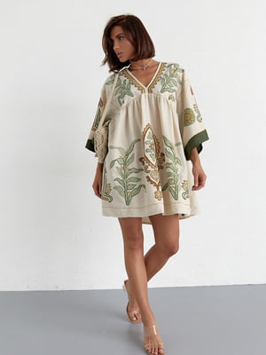 Льняна сукня міні з вишивкою вільного фасону бежева | 6807607