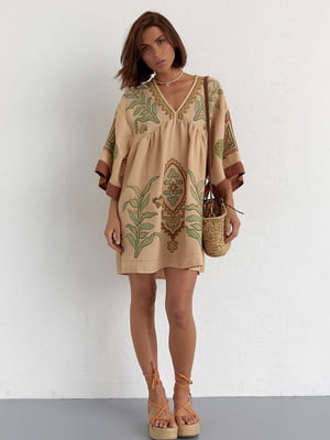 Льняна сукня міні з вишивкою вільного фасону кавова | 6807614