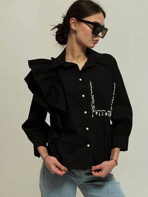 Черная блуза с рюшами и декором из бусин | 6808121