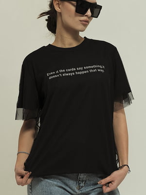 Чорна футболка з сіткою та текстовим принтом | 6808138