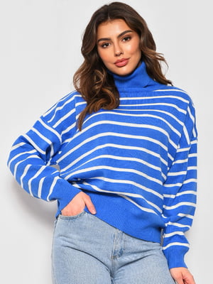 Синій светр з коміром під горло та білою смужкою | 6808751