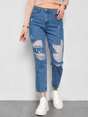Сині прямі джинси з потертостями | 6808891