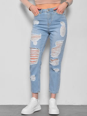 Блакитні прямі джинси з потертостями | 6808899