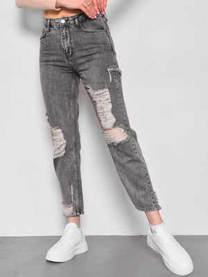 Сірі прямі джинси з потертостями | 6808900